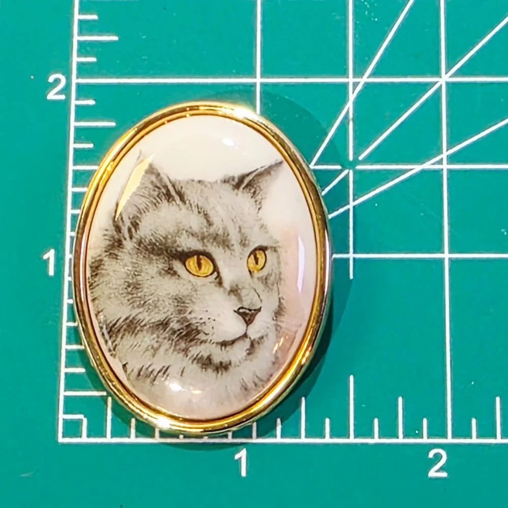 Vintage Gold Tone Painted Cat Kitten Kitty Porcelain Oval Brooch Pin or Pendant